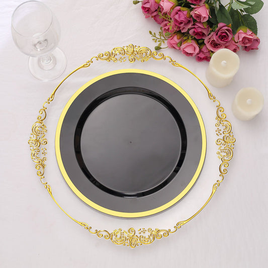 10 Pack 10" Regal Black and Gold Round Plastic Dinner Plates