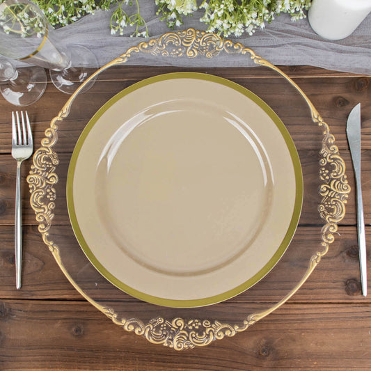 10 Pack 10" Regal Taupe and Gold Round Plastic Dinner Plates